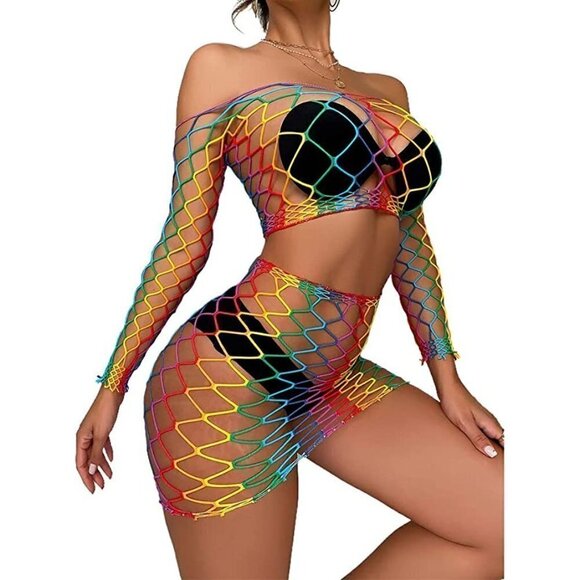 𝅺🌈 Rainbow Fishnet Stockings Mesh Lingerie Bodysuit BDSM Bondage Cosplay NWT - Picture 4 of 5